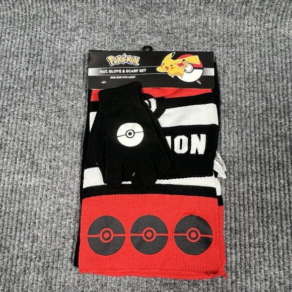 Pokemon Hat Glove & Scarf Set Bioworld One Size Fits Most Unisex Black Red - Picture 3 of 9